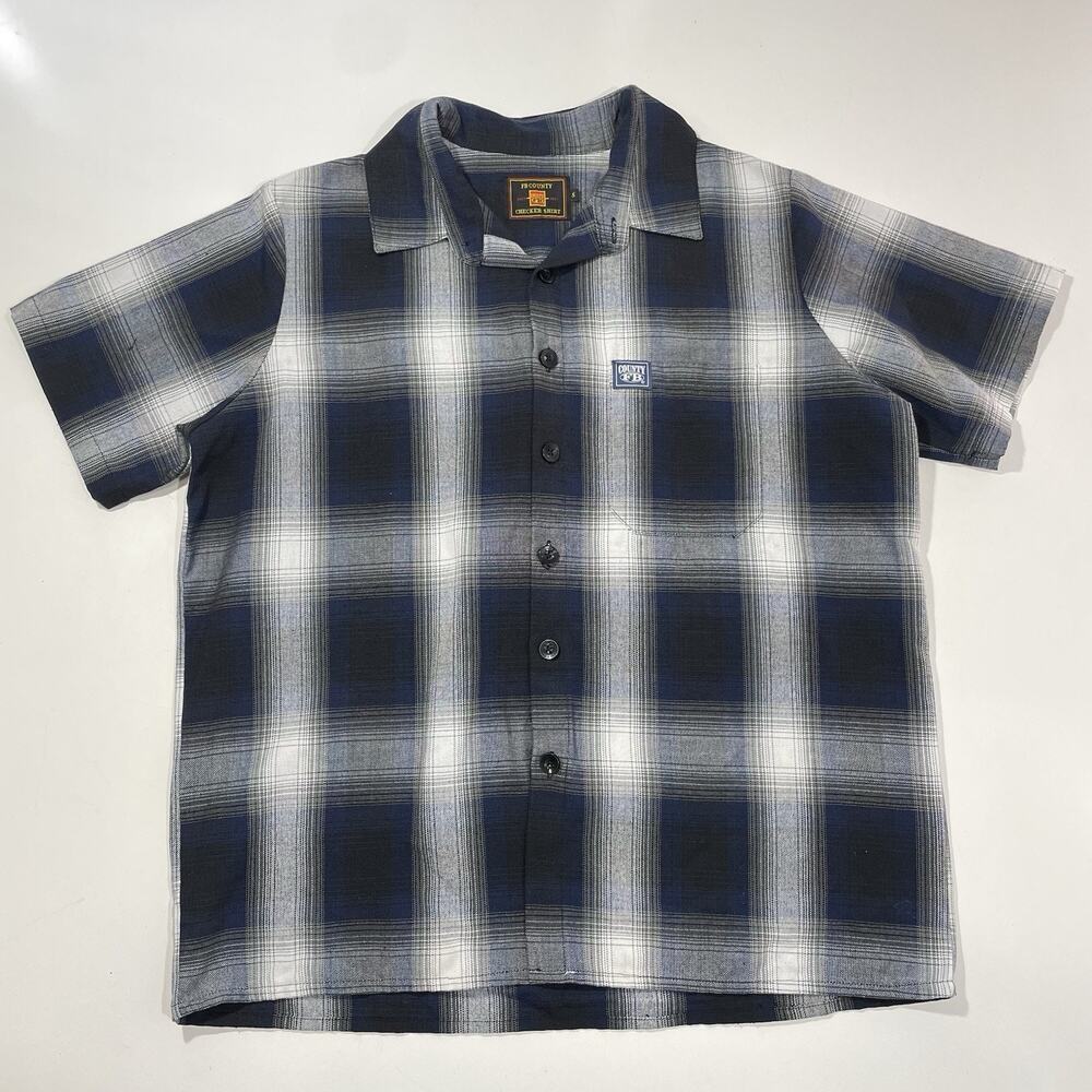 FB County Checker Shirt Mens Small Blue Black Gray Short Sleeve Button Up